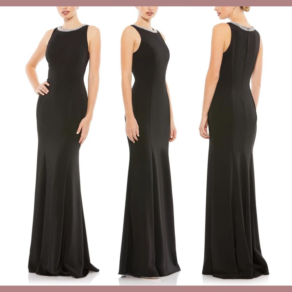 NWT $358 IEENA MAC DUGGAL [ SZ 6 ] Embellished Neck Trumpet Gown‎ in Black